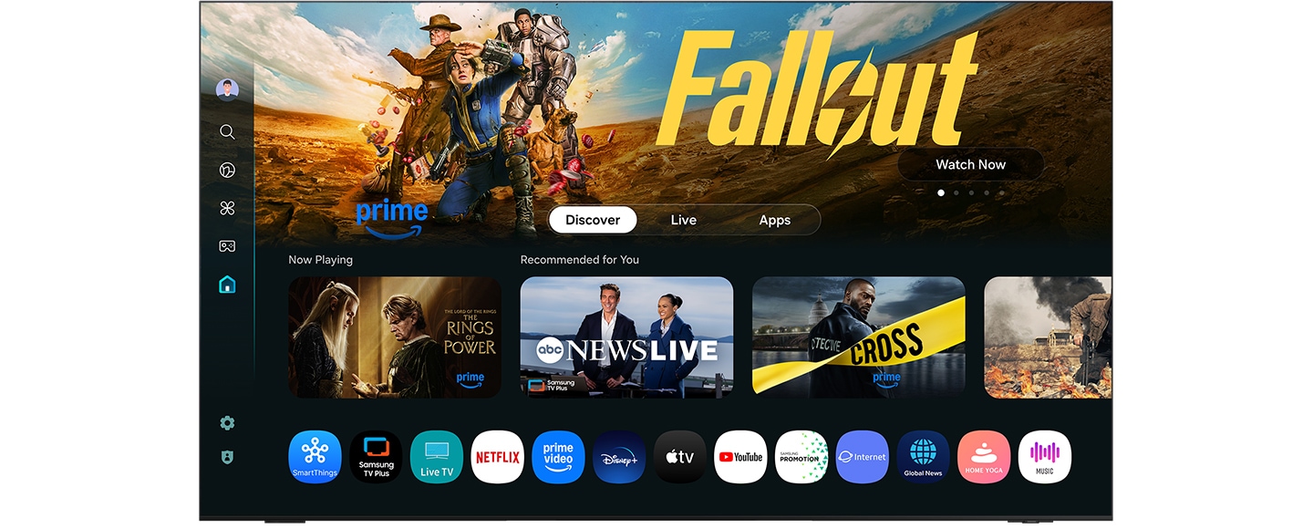 Vista de la pantalla de inicio de One UI Tizen. Se resaltan varios íconos para diferentes plataformas y servicios de transmisión, como SmartThings, Samsung TV Plus, Live TV y Netflix, entre otros. A continuación, la vista se desplaza hacia abajo para mostrar la totalidad de la página de inicio con diferentes opciones de contenido, incluidas las recomendaciones de las 10 series principales y los géneros de tendencias.