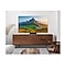 Un televisor Samsung está colocado sobre un soporte encima de una consola de televisor mientras muestra una naturaleza montañosa.