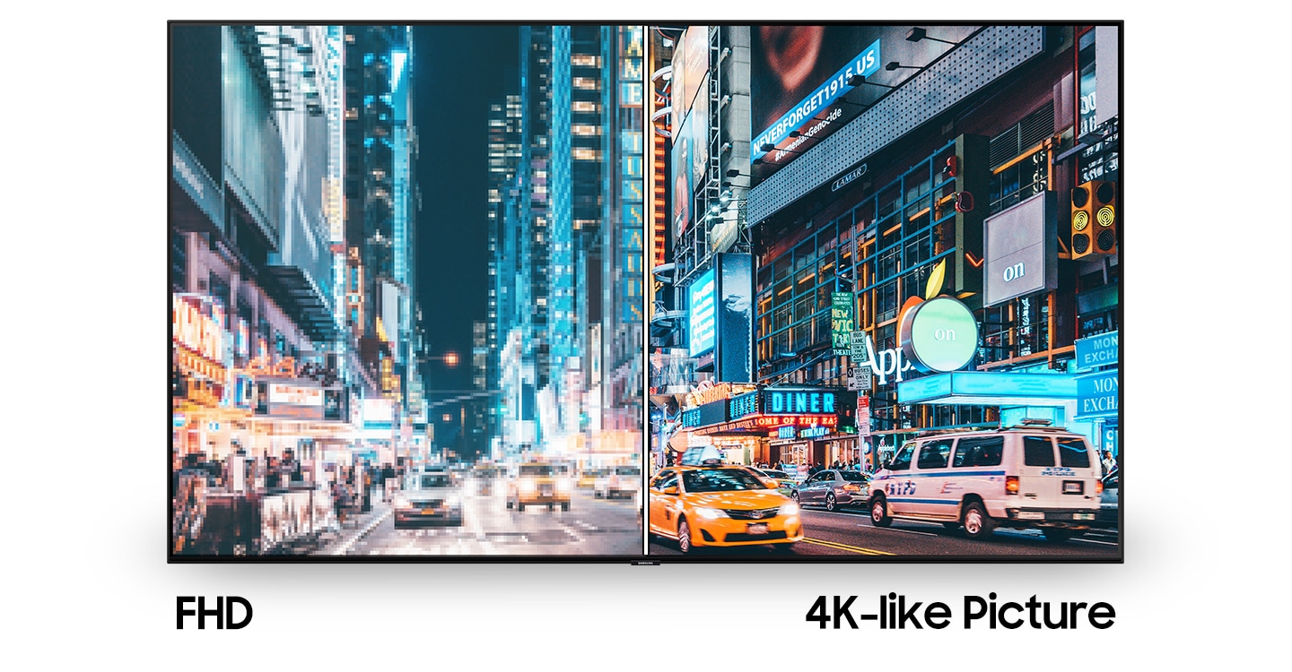 La vista nocturna de la ciudad que se muestra en la pantalla del televisor se divide con calidad de imagen de resolución 4K y resolución Full HD. La calidad de imagen similar a 4K del lado derecho ofrece una imagen más realista que el otro lado, que muestra la calidad de imagen Full HD.