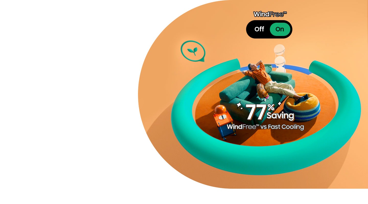 There is a closeup of a blade on a wall-mounted WindFree™. WindFree mode is turned on and the blade starts to close. The camera zooms into the micro holes then shifts to a man relaxing on the couch with a dog. The number 77% is comparing to energy savings between WindFree™ and Fast Cooling modes.