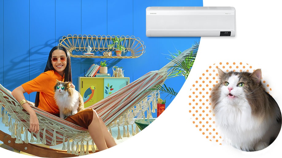 In a room, a woman and a cat relax in a hammock while a Wall-Mounted AC cools the space. There is a closeup of the cat.