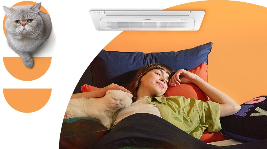 In a room, a woman and a cat are asleep while a 1-way cassette AC cools the space. There is a closeup of cat.