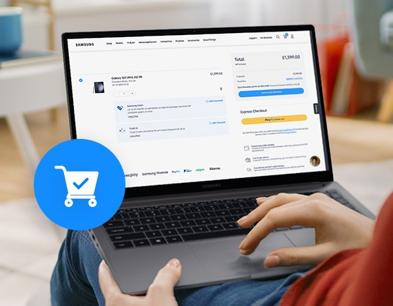 A close-up on a laptop screen, as the user clicks through a purchase page for a Samsung mobile device on the Samsung website.