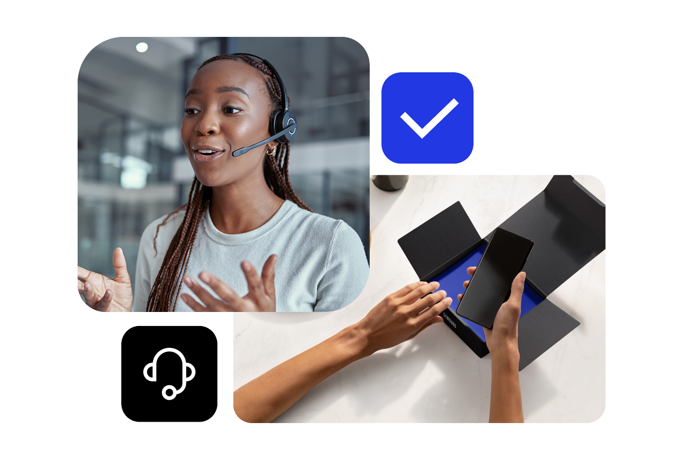 A call-center employee is talking to a customer on her headset. A pair of hands unboxing a new Galaxy smartphone device.