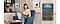 A woman holding a book in one hand and a mug in the other. Two Music Frames are mounted on the wall. On the right, a GUI of Media output pop-up displays the currently playing music and a list of three connected speakers, Music Frame Left, Music Frame Right and Living room speaker. Below each speaker name is a volume control bar.