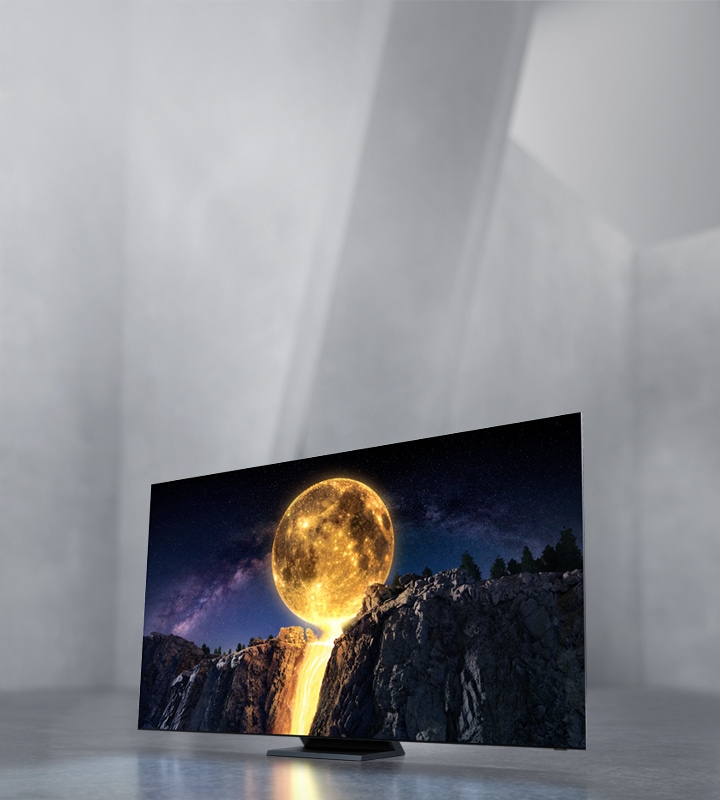 Samsung 2020 QLED TV which has complete Quantum Dot technology is being shown with the intensely shining moon on the screen. And It is showing Unrivaled QLED 8K with Quantum.