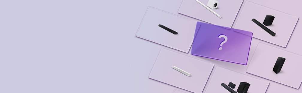 Various Samsung sound device options are displayed on cards. In the center is a card with a question mark.