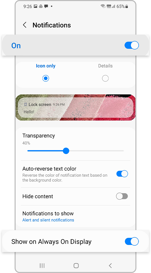 Enable notifications on Always On Display settings