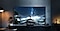 An OLED TV, positioned atop a TV console, showcases a man standing atop a mountain under a starry sky.