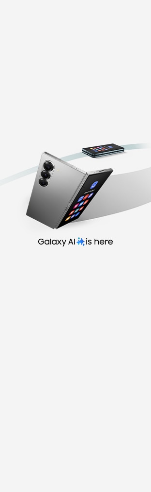 The image features a sleek, modern Samsung smartphone displayed with its screen facing outward, showcasing a vibrant app interface. Below the phone, the text "Galaxy AI is here" highlights the device's advanced features and capabilities.