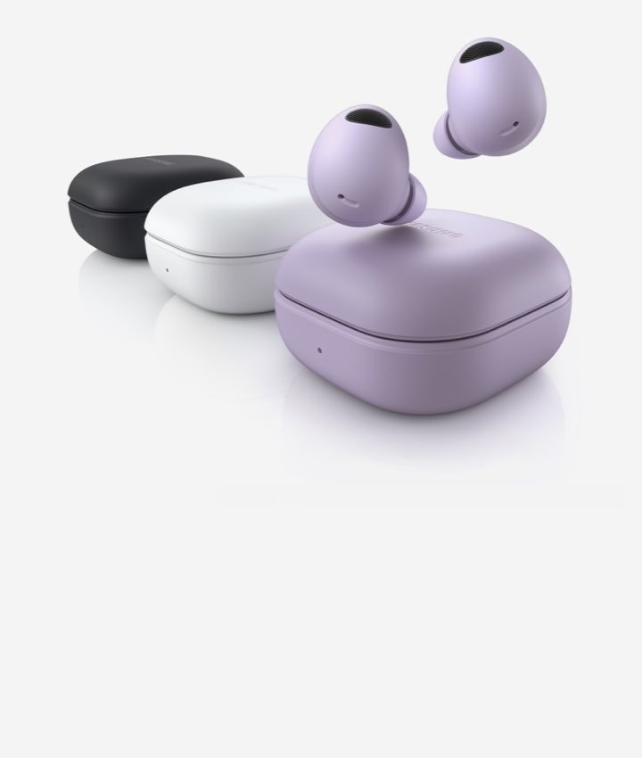 Three Galaxy Buds2 Pro devices lined up. The Bora Purple Galaxy Buds2 Pro device in the front has two buds hovering above the closed case. The middle White closed case is followed by a Graphite closed Galaxy Buds2 Pro case.