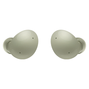 Two olive green Galaxy Buds2 earbuds are shown.
