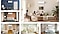 There are 6 rooms, each equipped with a Samsung wall-mounted air conditioner. The center-right features a living room with a family of four. Moving clockwise, the other rooms include an office with a blue accent wall, a cozy bedroom with a peach accent wall, a playroom with shelves, a child's bedroom with light green accents, and a minimalist living room with a pale blue sofa.