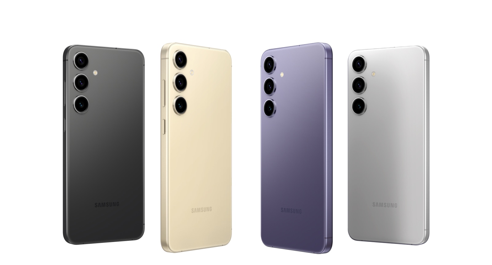 Four Galaxy S24 series devices seen from the rear. Each showcases a different color: Onyx Black, Amber Yellow, Cobalt Violet and Marble Gray.