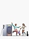 A stylish man and woman, appearing as a couple, are seen from the front holding hands and waltzing to music. Behind them, The Frame Pro is mounted on the wall, displaying a colorful screensaver. Below it, the Music Frame is placed, playing music, with several blue musical note icons floating between the characters and the products.