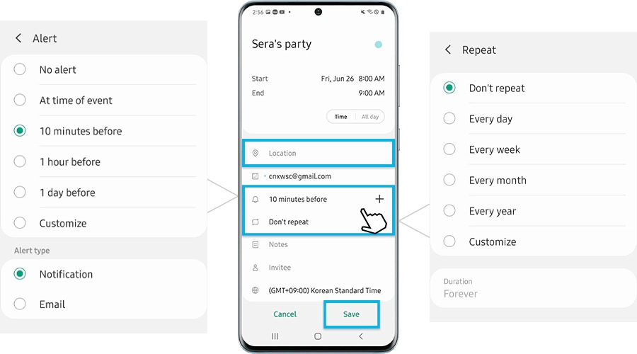 Save location and alert settings