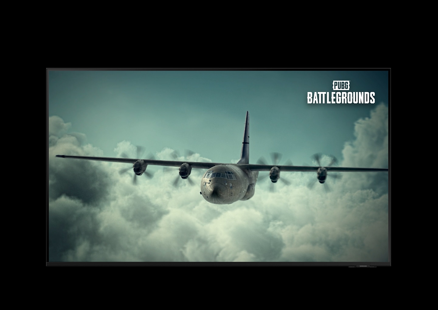 A plane from PUBG Battlegrounds is flying in the air as the engine breaks down. Characters from the game are jumping off the plane with parachutes. The PUBG Battlegrounds logo is on display.
