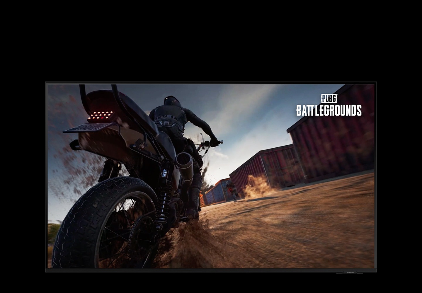 A motorcycle runs very fast and it jumps down a cliff with a truck following close behind it. The airborne vehicles are seemingly falling into the water. The PUBG Battlegrounds logo is on display.