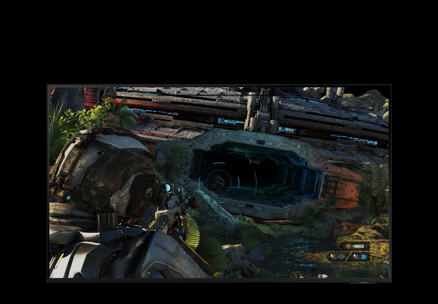 An in-game view of an action adventure game shows no enemies before being optimized by a simulated blue environment analysis motion graphic which then reveals a hiding enemy in a dark area.