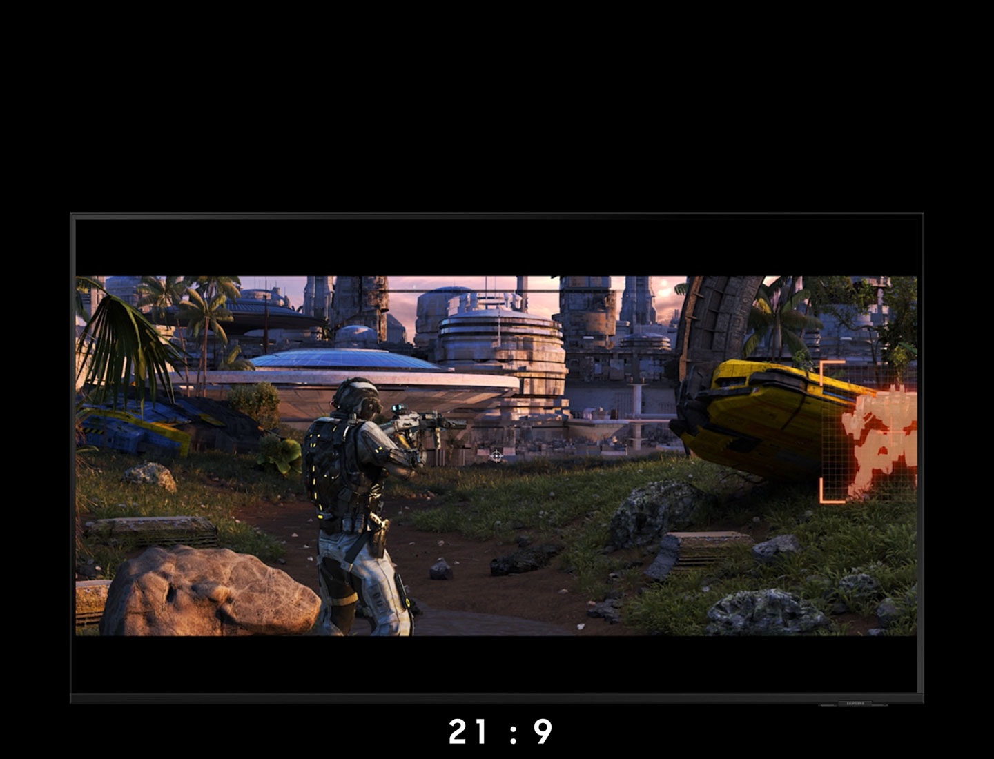 Gameplay view changes from wide to ultra-wide to super ultra-wide. As the view changes, the on-screen aspect ratio numbers change from '16:9' to '21:9' to '32:9'.