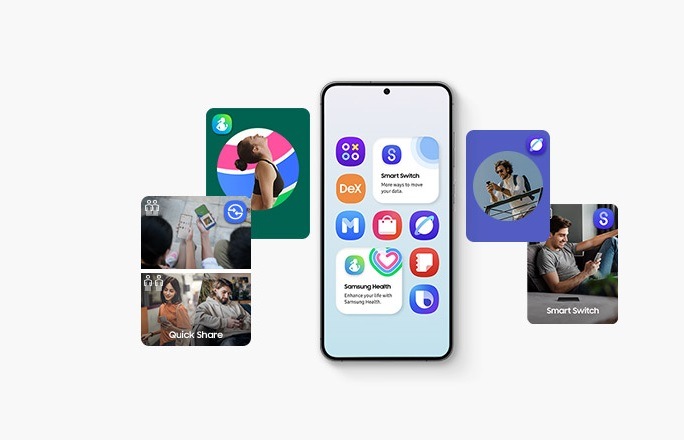 Smartfon Galaxy z wyświetlanymi różnymi ikonami aplikacji i usług. Po obu stronach smartfona widać osoby korzystające z urządzeń Galaxy oraz w pozycjach związanych z aplikacjami i usługami Galaxy.