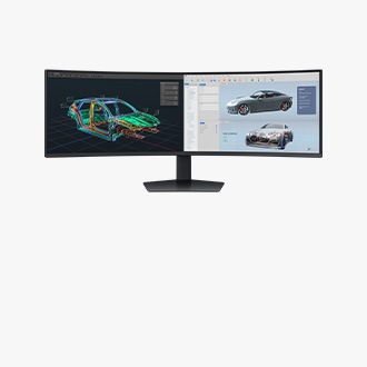Zakrzywiony monitor UltraWide z interfejsem programu do projektowania samochodów.