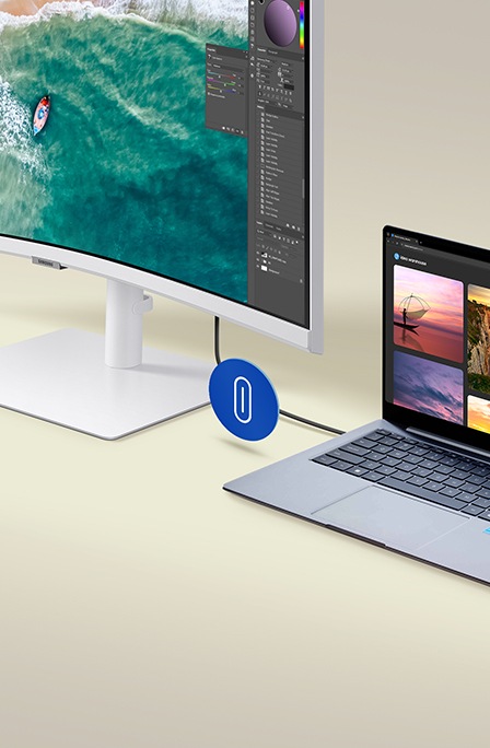 Monitor i laptop połączone kablem USB-C.