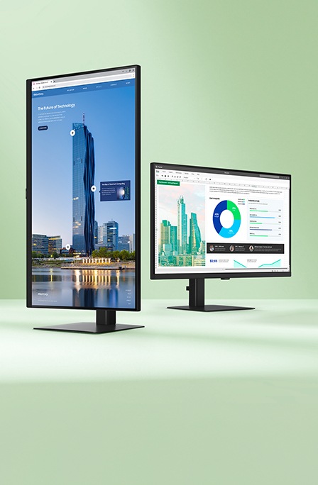 Obrócony monitor wyświetlający obraz budynku, obok poziomego monitora z otwartym dokumentem.