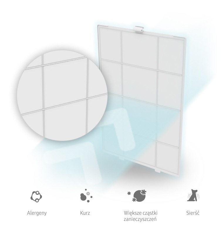 Filtr wstępny w oczyszczaczu powietrza Samsung usuwa kurz, włosy i sierść zwierząt