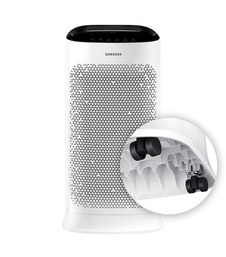 Domowy oczyszczacz powietrza Samsung posiada kółka, dzięki czemu wygodnie go przemieścisz