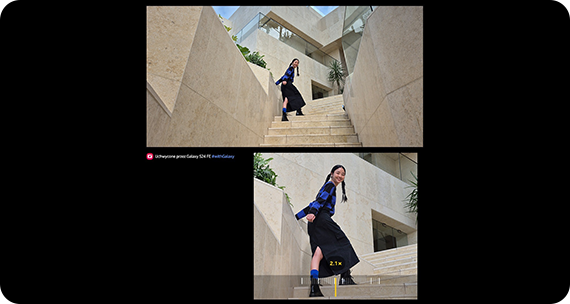 Porównanie dwóch zdjęć wykonanych smartfonem Galaxy – standardowe ujęcie i szczegółowe zbliżenie dzięki funkcji zoomu jakości optycznej.