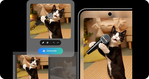 Funkcja Photo Assist w Galaxy S24 FE pozwalająca na łatwą edycję zdjęć za pomocą AI – przykład zamiany mikrofonu trzymanego przez kota na inny, bardziej realistyczny.