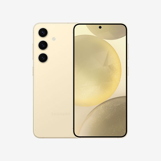 Smartfon Samsung Galaxy S24 w złotym kolorze – widok przedniego ekranu oraz tylnego panelu z potrójnym aparatem.