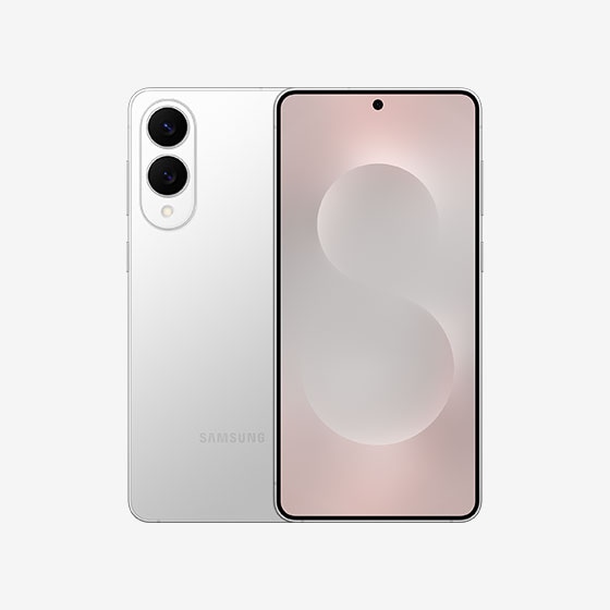 Smartfon Samsung Galaxy S25 Edge w kolorze srebrnym – widok z przodu z ekranem oraz z tyłu z podwójnym aparatem.