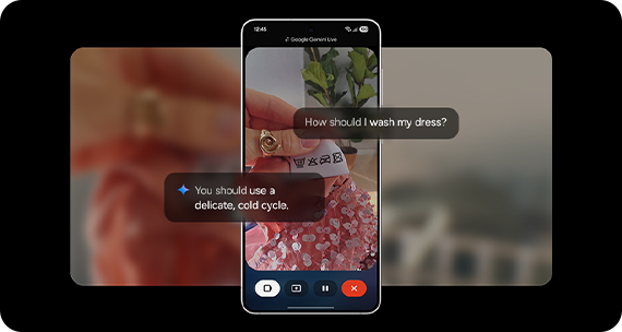 Funkcja Gemini Live w Galaxy S25 Edge, która za pomocą AI odpowiada na pytania użytkownika w czasie rzeczywistym, pomagając np. odczytać instrukcję prania z metki.
