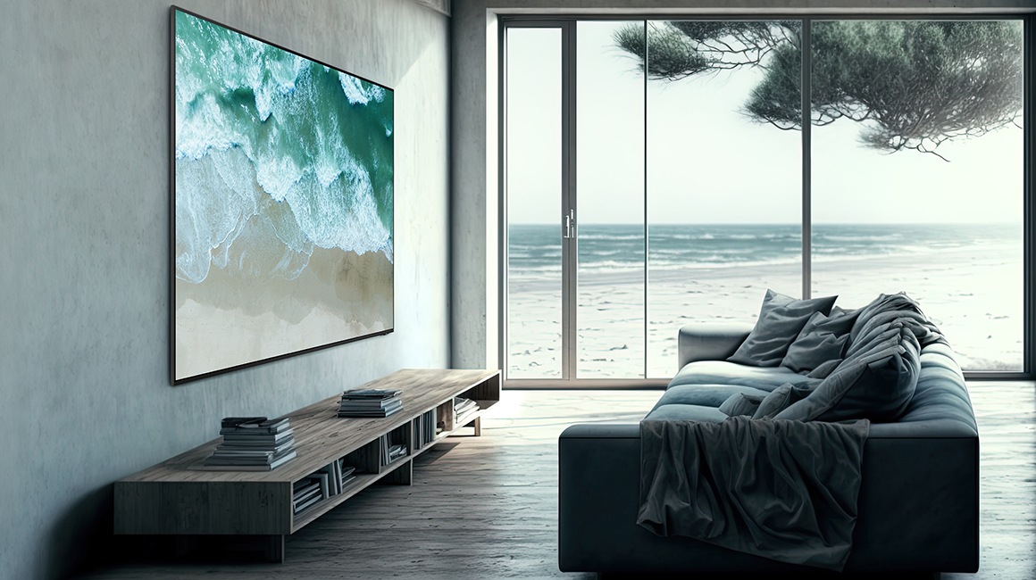 Duży telewizor Samsung, wiszący na ścianie w nowoczesnym salonie