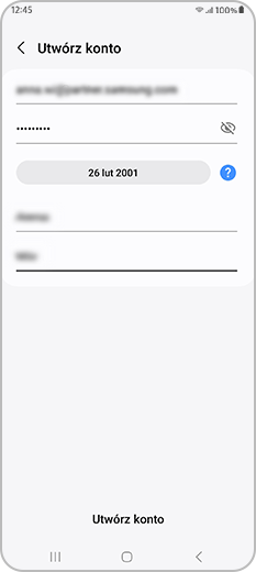 Przykładowa data urodzenia podczas tworzenia konta Samsung