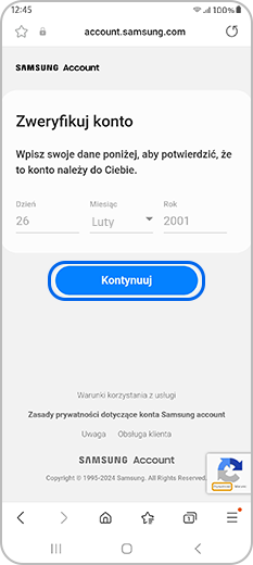 Wprowadź datę urodzenia przypisaną do konta Samsung i kontynuuj