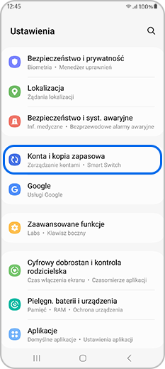 Opcja Konta i kopia zapasowa w Ustawieniach