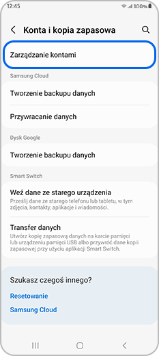 Opcja Zarządzaj kontami w obszarze Konta i kopie zapasowe