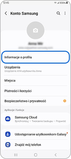 Opcja Informacje o profilu na koncie Samsung