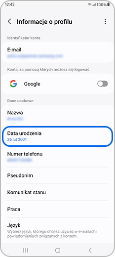 Dotknij opcji Data urodzenia na stronie profilu konta Samsung