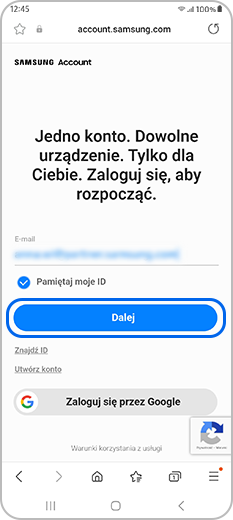 Wprowadź adres e-mail swojego konta Samsung. Dotknij przycisku Dalej.