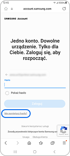 Hiperłącze „Nie pamiętasz hasła” na stronie konta Samsung