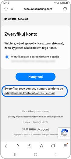 Zweryfikuj stronę konta Samsung za pomocą numeru odzyskiwania lub adresu e-mail