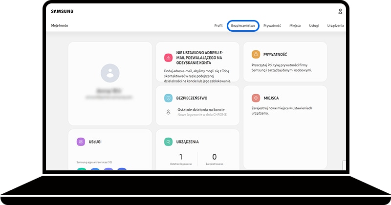 Opcja Bezpieczeństwo wybrana w obszarze Moje konto witryny konta Samsung Account