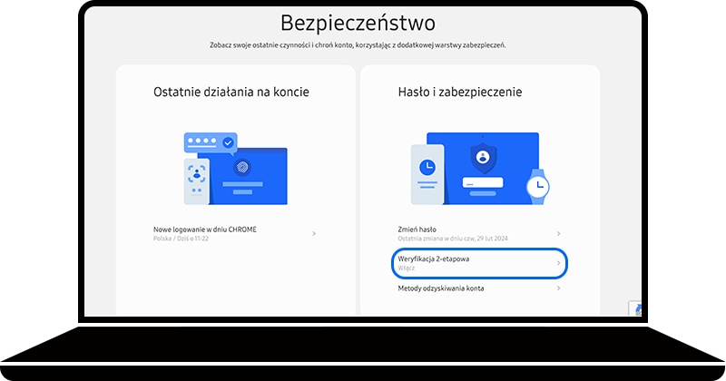Opcja Weryfikacja dwuetapowa wybrana w obszarze Bezpieczeństwo witryny konta Samsung Account