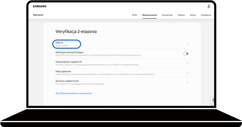 Opcja SMS wybrana w obszarze Weryfikacja dwuetapowa witryny konta Samsung Account