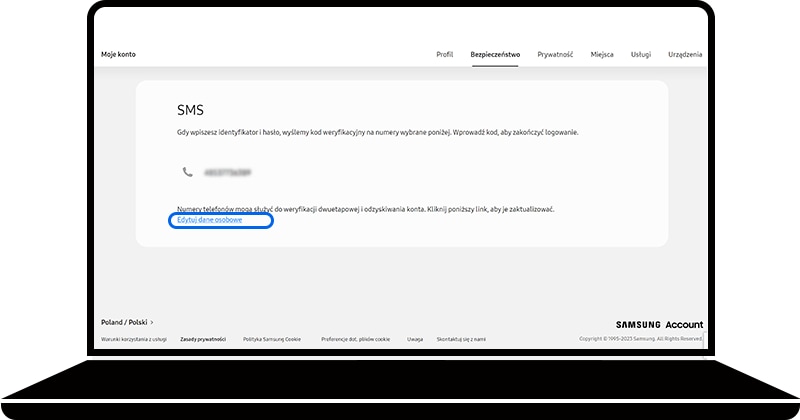 Opcja Edytuj dane osobowe wybrana w obszarze SMS witryny konta Samsung Account