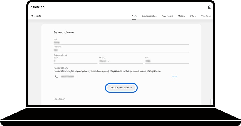 Opcja Dodaj numer telefonu wybrana w obszarze Dane osobowe witryny konta Samsung Account